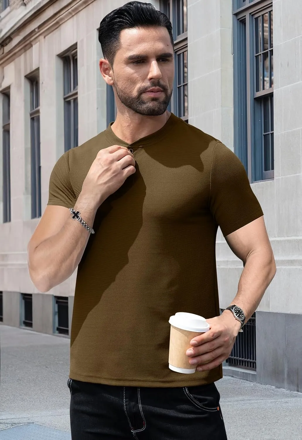 KUYIGO Men's Slim Fit Henley Shirts Short Long Sleeve Casual Tight Solid Waffle Fashion T-Shirts Tops
