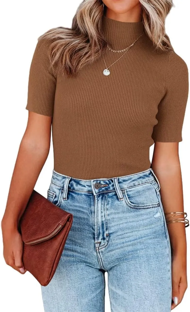 Lacozy Women Casual Basic Mock Neck Top Short Sleeve Shirt Slim Fit Ribbed Knit Pullover Sweater