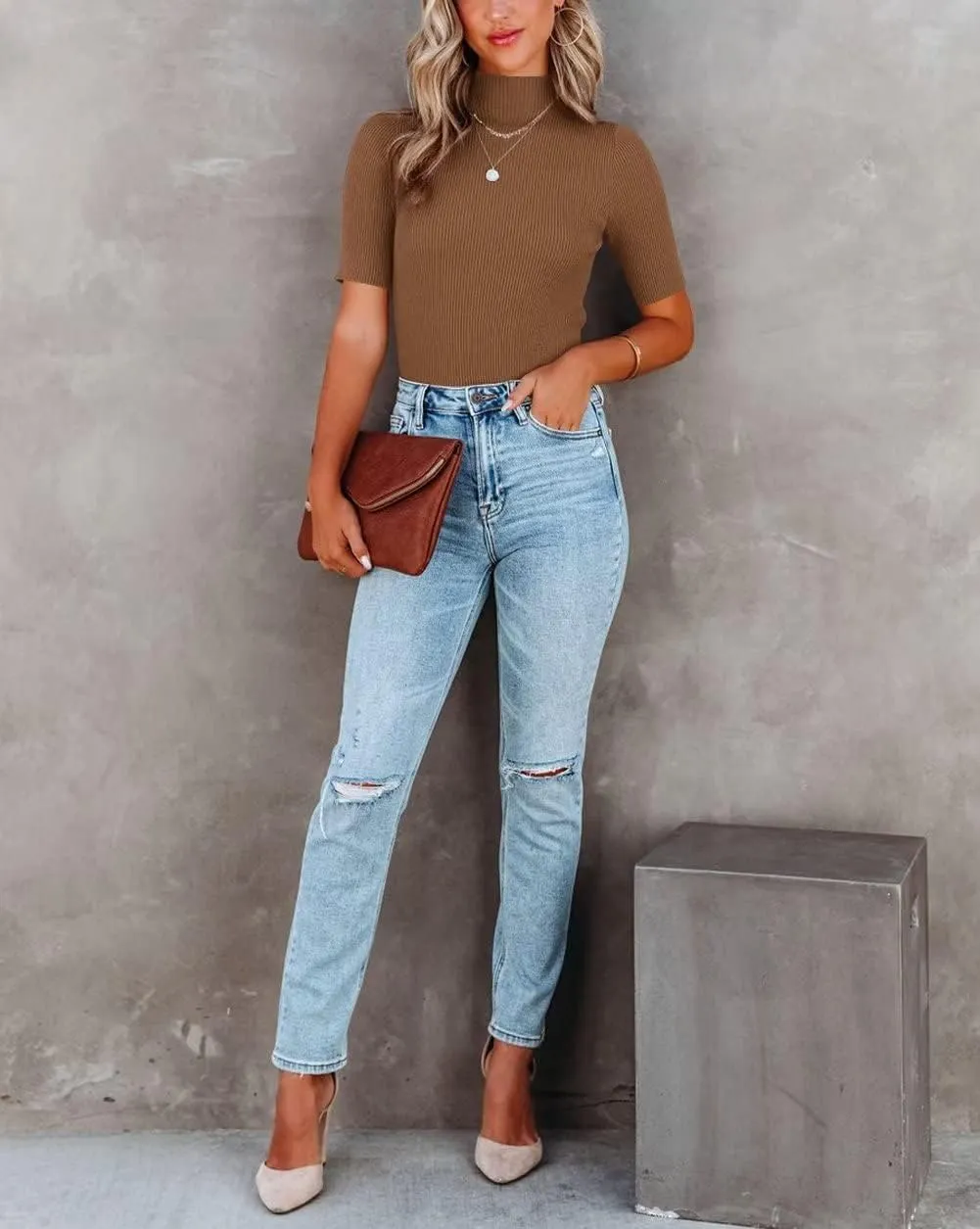 Lacozy Women Casual Basic Mock Neck Top Short Sleeve Shirt Slim Fit Ribbed Knit Pullover Sweater