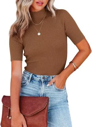 Lacozy Women Casual Basic Mock Neck Top Short Sleeve Shirt Slim Fit Ribbed Knit Pullover Sweater