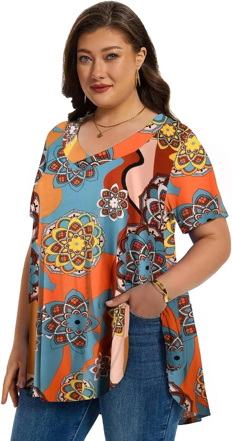 LARACE Plus Size Tops for Womens T Shirts Button Down Summer Clothes Short Sleeve Tunics Casual V Neck Blouses