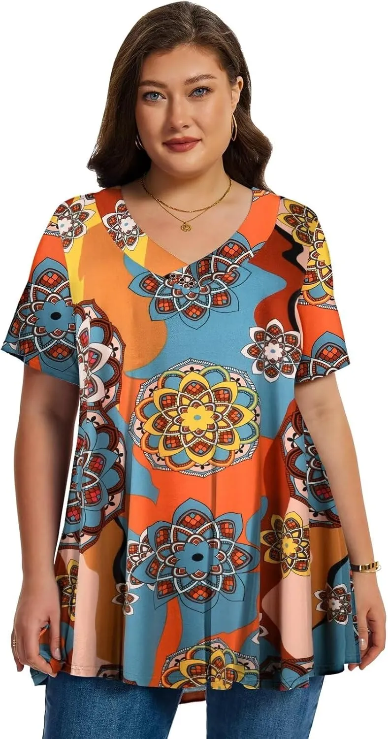 LARACE Plus Size Tops for Womens T Shirts Button Down Summer Clothes Short Sleeve Tunics Casual V Neck Blouses