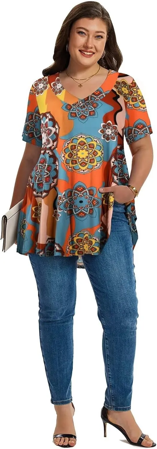 LARACE Plus Size Tops for Womens T Shirts Button Down Summer Clothes Short Sleeve Tunics Casual V Neck Blouses