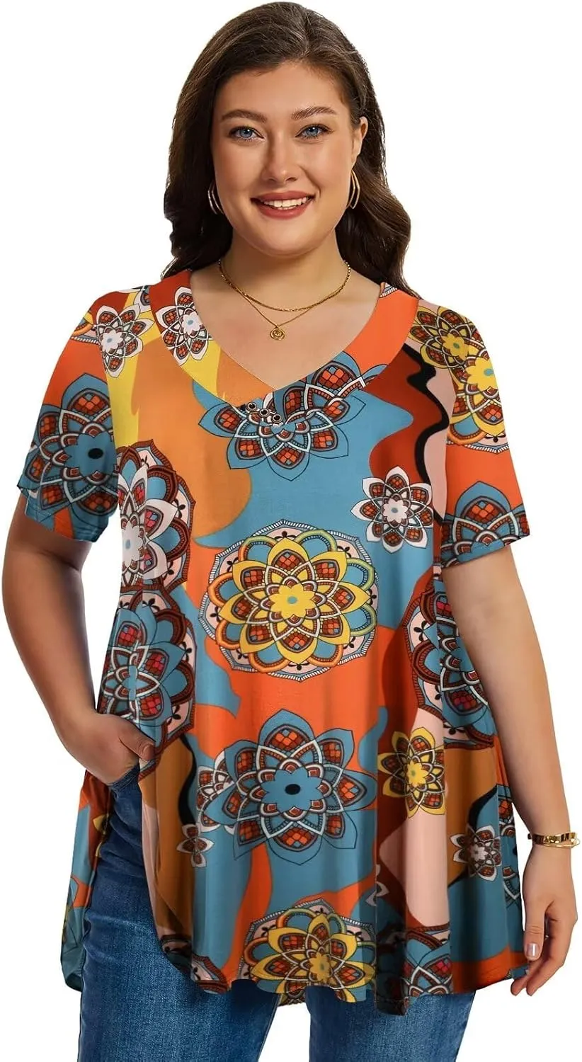 LARACE Plus Size Tops for Womens T Shirts Button Down Summer Clothes Short Sleeve Tunics Casual V Neck Blouses