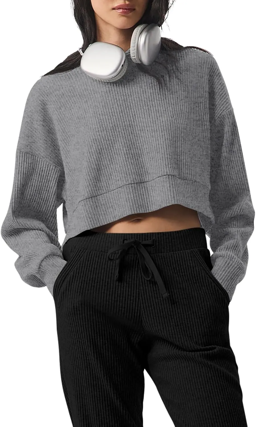 LASLULU Womens Loose Long Sleeve Active Crop Tops Athletic Workout Gym Hoodies Sweatshirt Pullover Tops