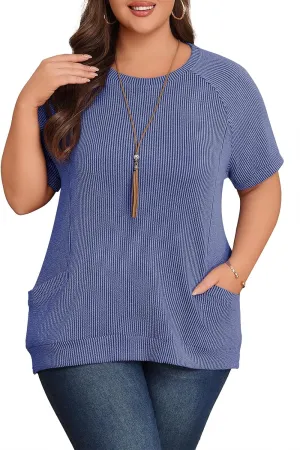 Lastshe Womens Plus Size Short Sleeves Shirts Summer Loose Ribbed Tops Dressy Casual Blouses with Pockets for Leggings 2025