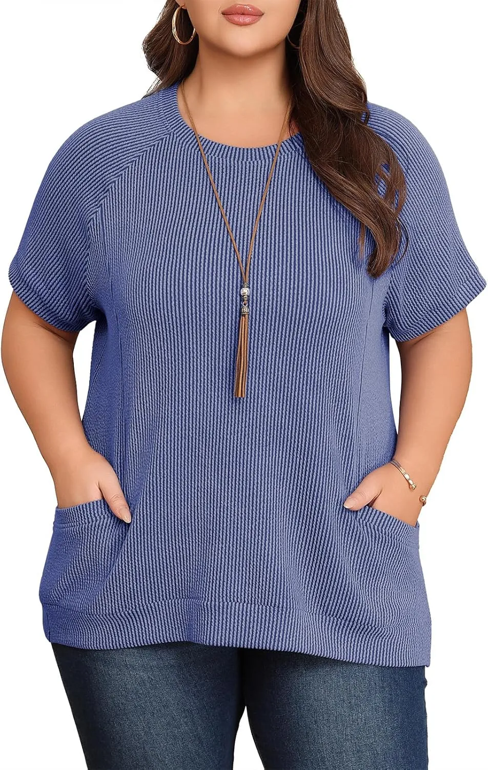 Lastshe Womens Plus Size Short Sleeves Shirts Summer Loose Ribbed Tops Dressy Casual Blouses with Pockets for Leggings 2025
