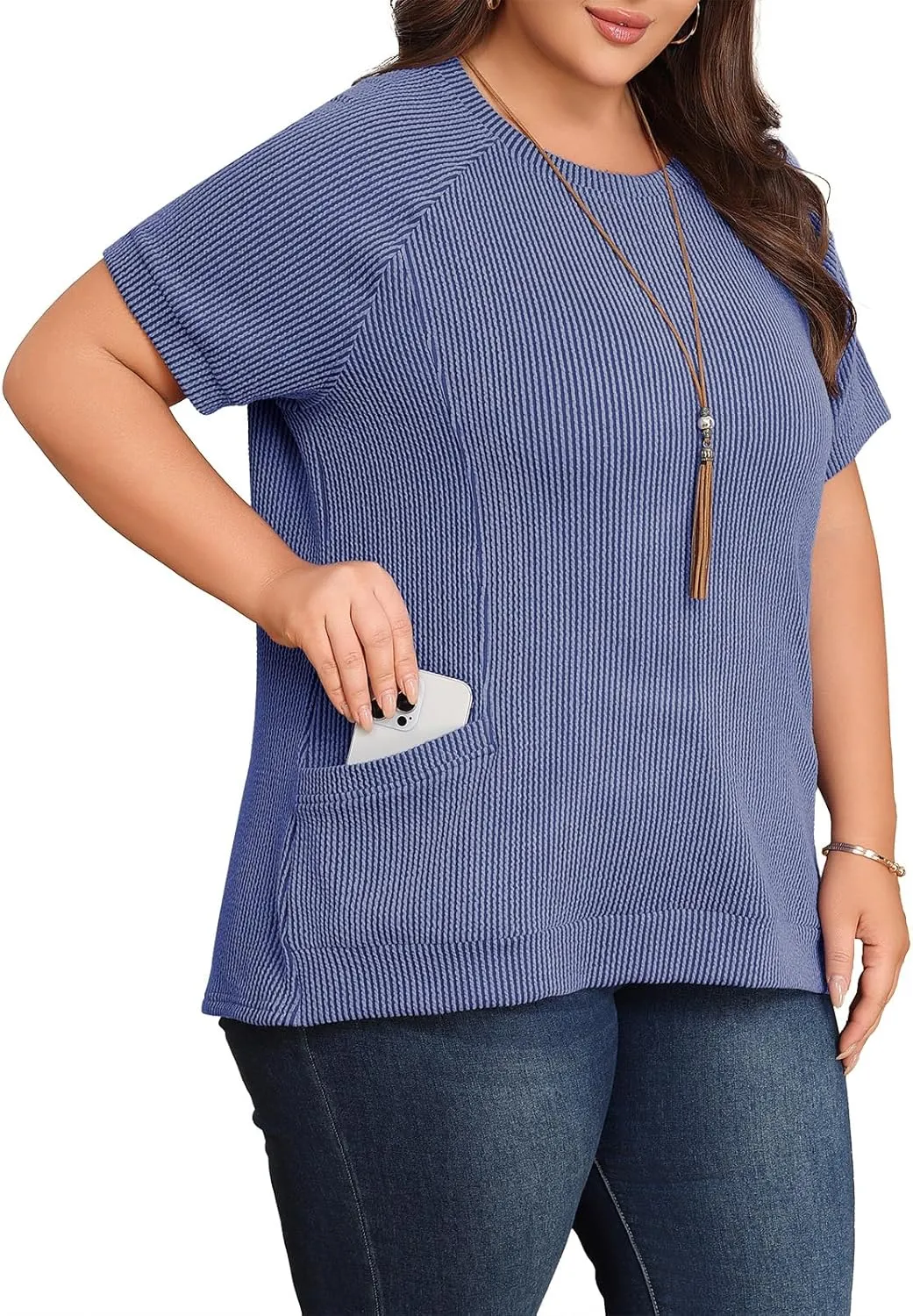 Lastshe Womens Plus Size Short Sleeves Shirts Summer Loose Ribbed Tops Dressy Casual Blouses with Pockets for Leggings 2025