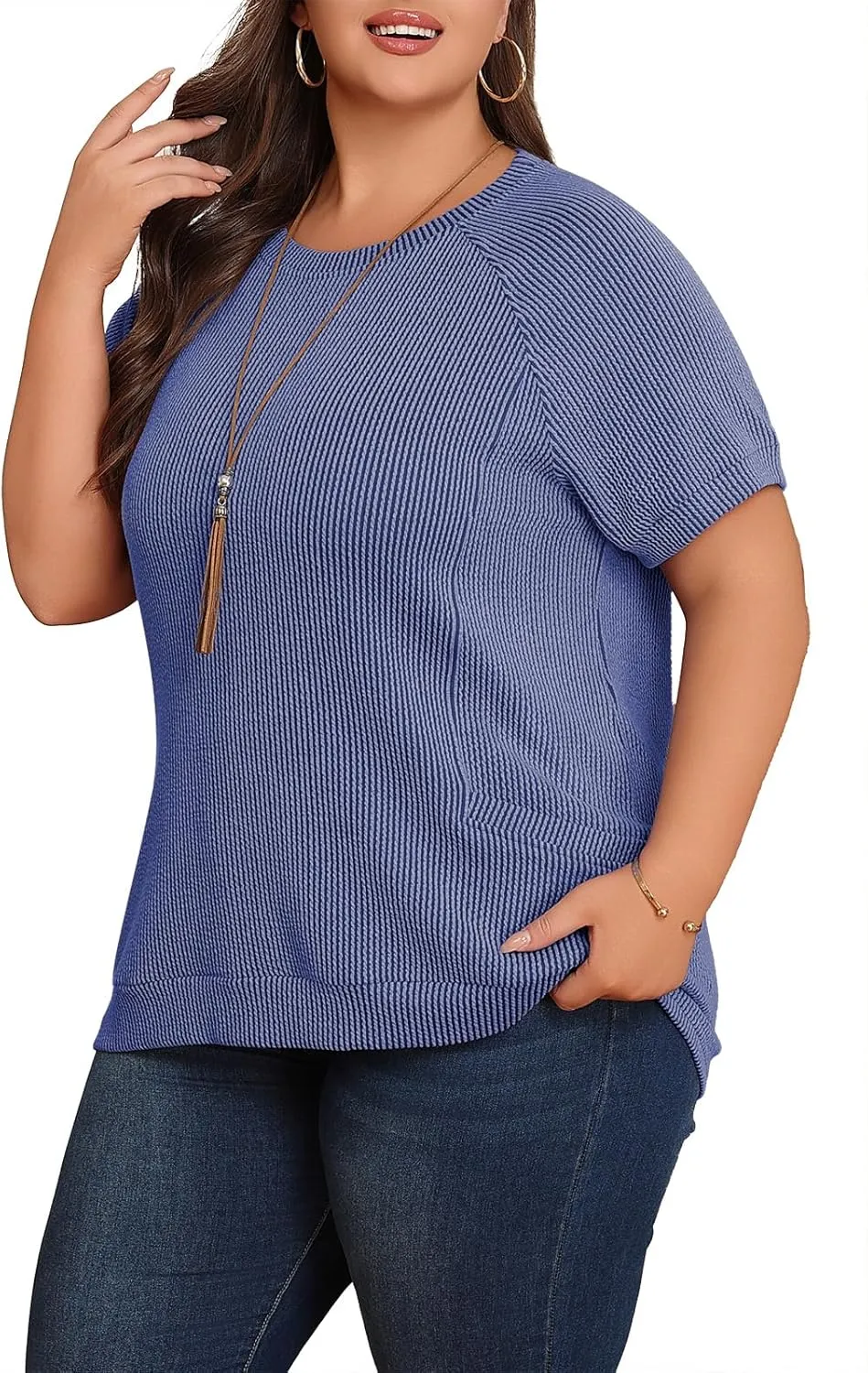 Lastshe Womens Plus Size Short Sleeves Shirts Summer Loose Ribbed Tops Dressy Casual Blouses with Pockets for Leggings 2025