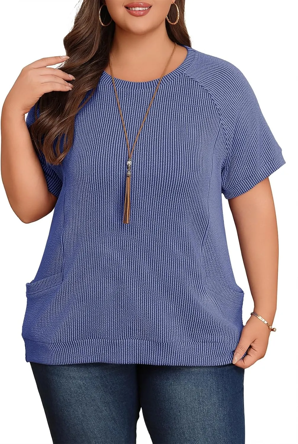 Lastshe Womens Plus Size Short Sleeves Shirts Summer Loose Ribbed Tops Dressy Casual Blouses with Pockets for Leggings 2025