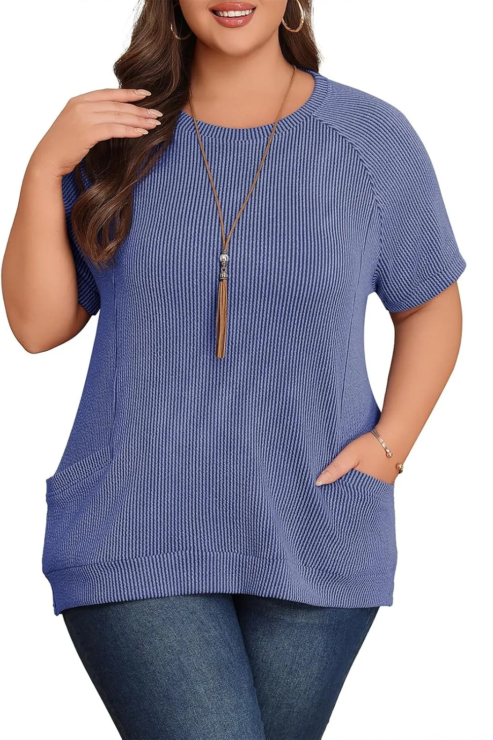 Lastshe Womens Plus Size Short Sleeves Shirts Summer Loose Ribbed Tops Dressy Casual Blouses with Pockets for Leggings 2025