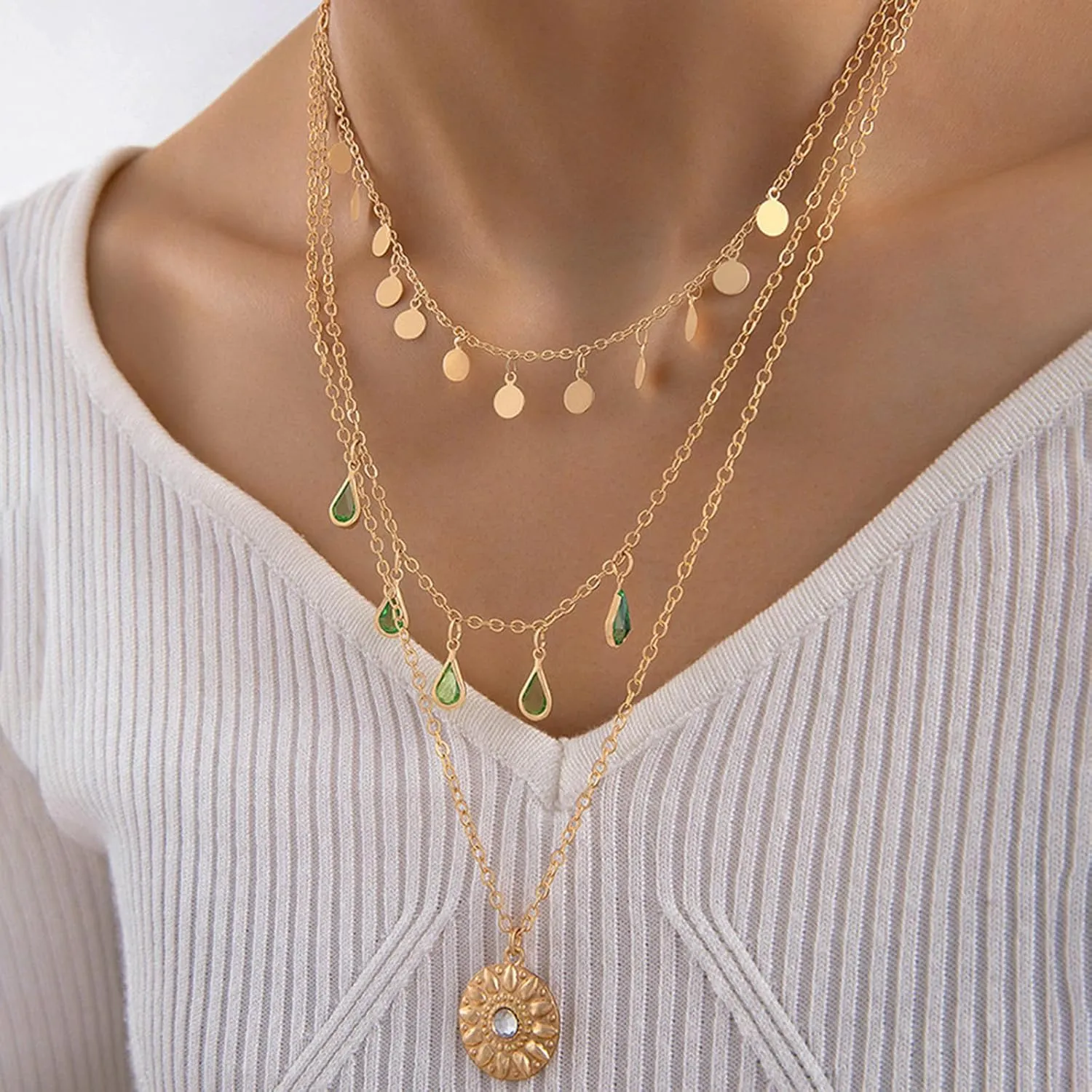Layered Boho Necklace for Women Bohemian Turquoise Necklace 18K Gold Plated Paperclip Long Y shape Western Necklaces Colorful Teardrop Pendant Necklace For Country Concert Beach Jewelry