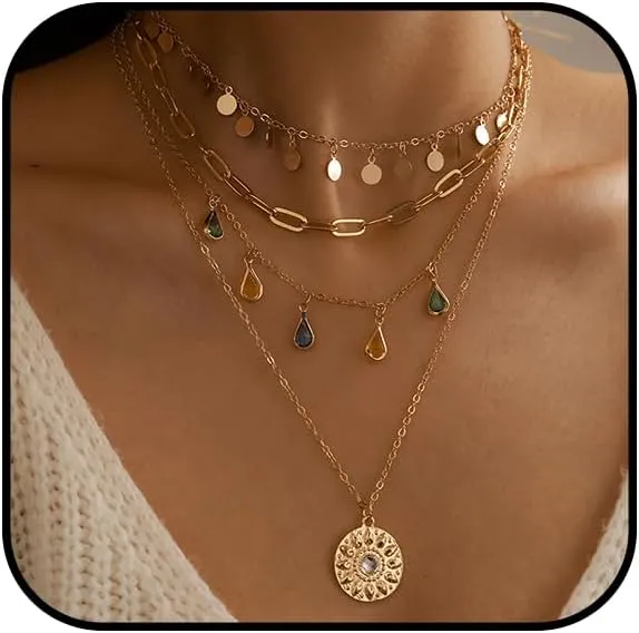 Layered Boho Necklace for Women Bohemian Turquoise Necklace 18K Gold Plated Paperclip Long Y shape Western Necklaces Colorful Teardrop Pendant Necklace For Country Concert Beach Jewelry