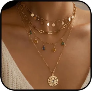 Layered Boho Necklace for Women Bohemian Turquoise Necklace 18K Gold Plated Paperclip Long Y shape Western Necklaces Colorful Teardrop Pendant Necklace For Country Concert Beach Jewelry