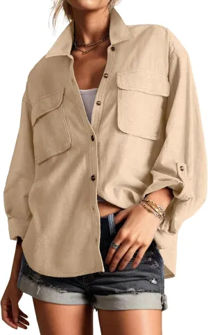 Lepunuo Womens Shacket Long Sleeve Shirt Jacket Button Down Linen Roll-up 3/4 Sleeves Shirts Blouses Tops Streetwear