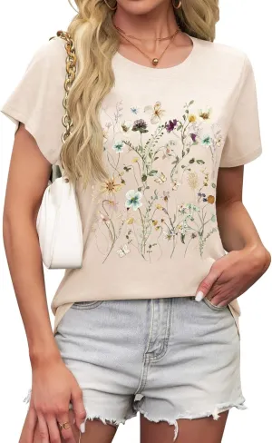 LETSEE Womens Graphic T Shirts Boho Wildflower Shirts Vintage Floral Printed Tees Short Sleeve Trendy Tops for 2025