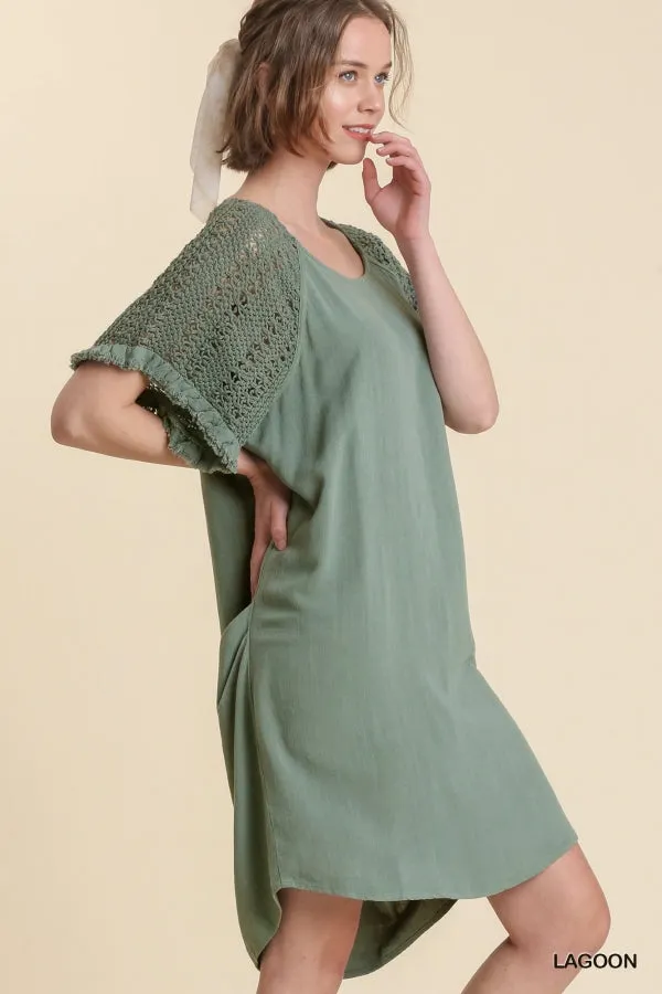 Linen Blend Crochet Short Sleeve Detailed Frayed Hem Dress