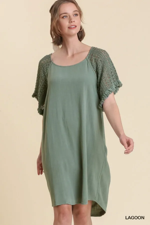 Linen Blend Crochet Short Sleeve Detailed Frayed Hem Dress