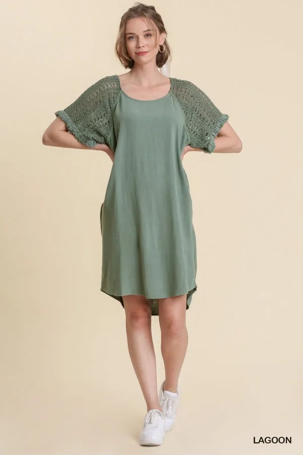 Linen Blend Crochet Short Sleeve Detailed Frayed Hem Dress
