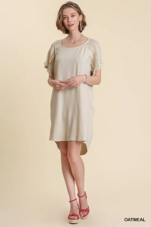 Linen Blend Crochet Short Sleeve Detailed Frayed Hem Dress