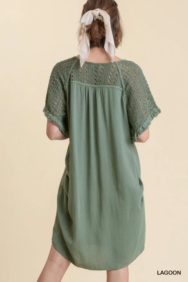 Linen Blend Crochet Short Sleeve Detailed Frayed Hem Dress