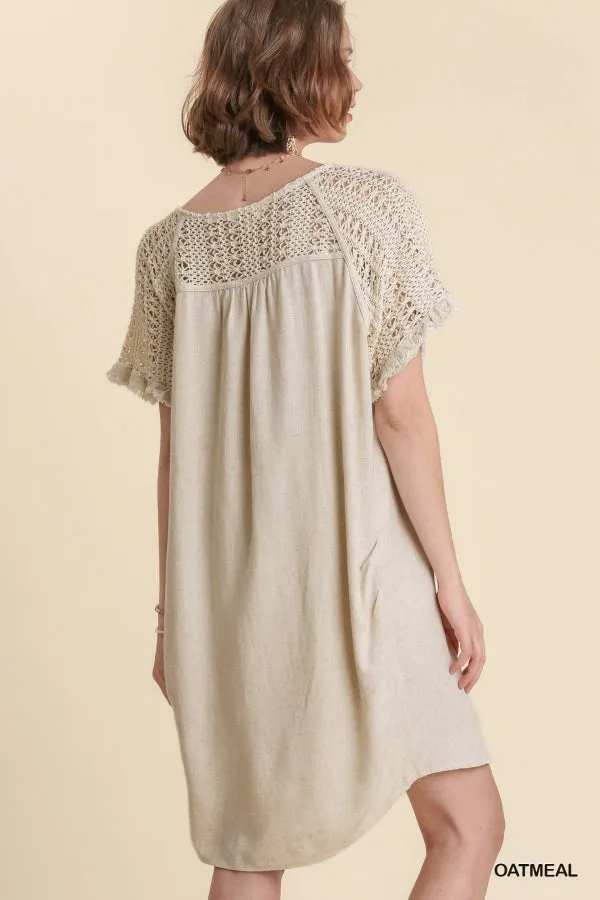Linen Blend Crochet Short Sleeve Detailed Frayed Hem Dress