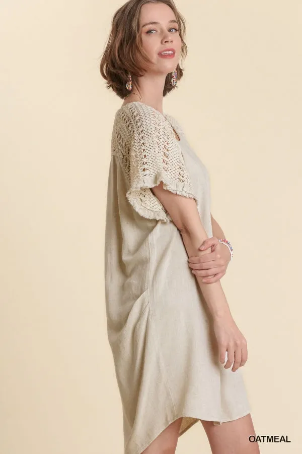 Linen Blend Crochet Short Sleeve Detailed Frayed Hem Dress