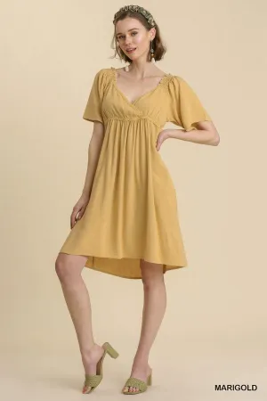 Linen Blend Surplice Bodice Crochet Trimmed Detail Dress