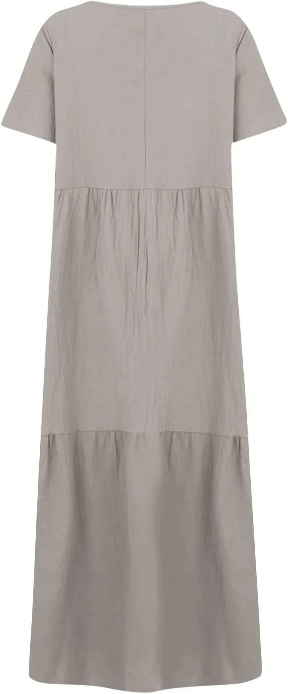 Linen Dress Women Summer Short Sleeve V Neck Plus Size Maxi Dresses Casual Flowy Loose Long Vacation Beach Sundress