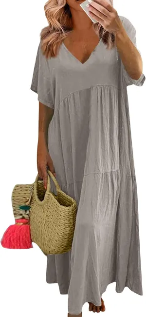 Linen Dress Women Summer Short Sleeve V Neck Plus Size Maxi Dresses Casual Flowy Loose Long Vacation Beach Sundress
