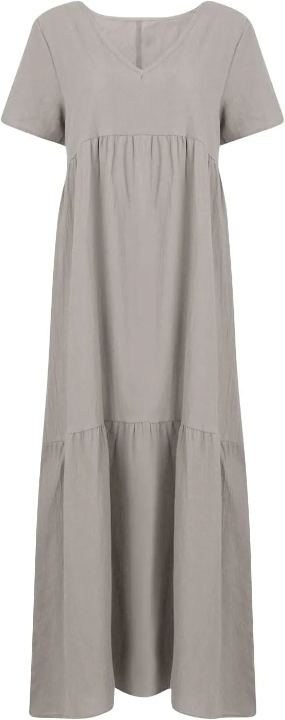 Linen Dress Women Summer Short Sleeve V Neck Plus Size Maxi Dresses Casual Flowy Loose Long Vacation Beach Sundress
