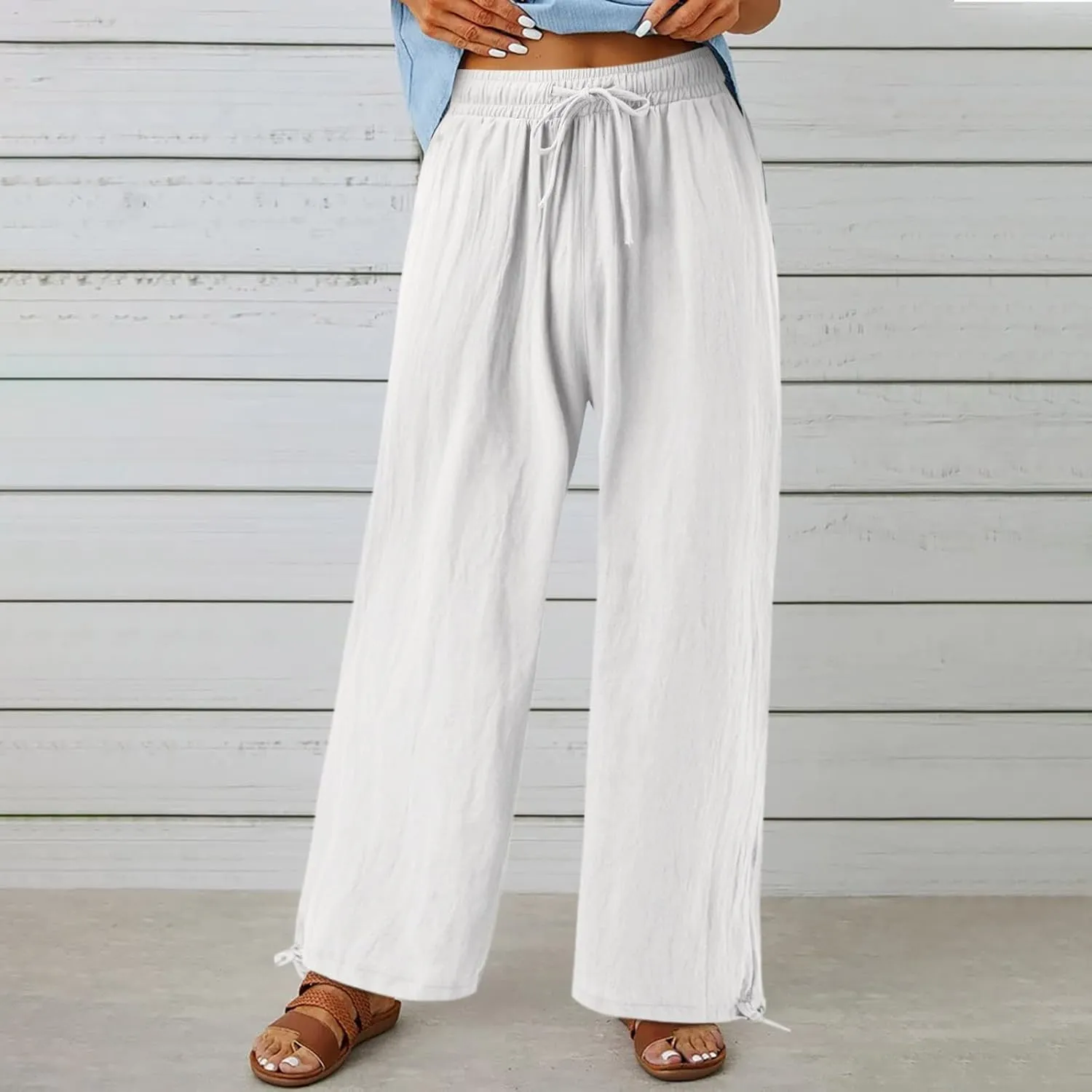 Linen Pants Women Plus Size Boho Comfy Flowy Wide Leg Trouser Summer High Waist Beach Palazzo Sweatpant with Pocket