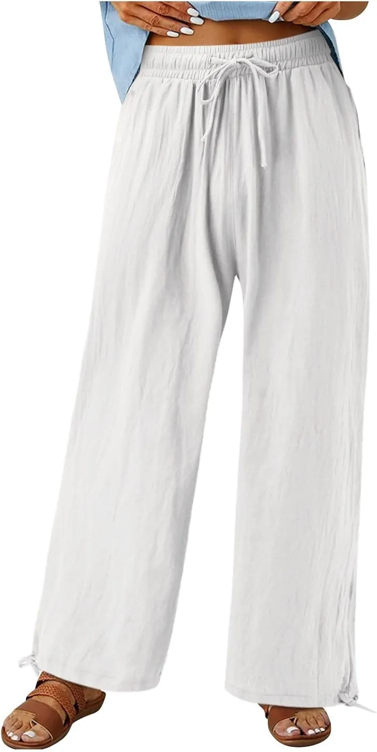 Linen Pants Women Plus Size Boho Comfy Flowy Wide Leg Trouser Summer High Waist Beach Palazzo Sweatpant with Pocket