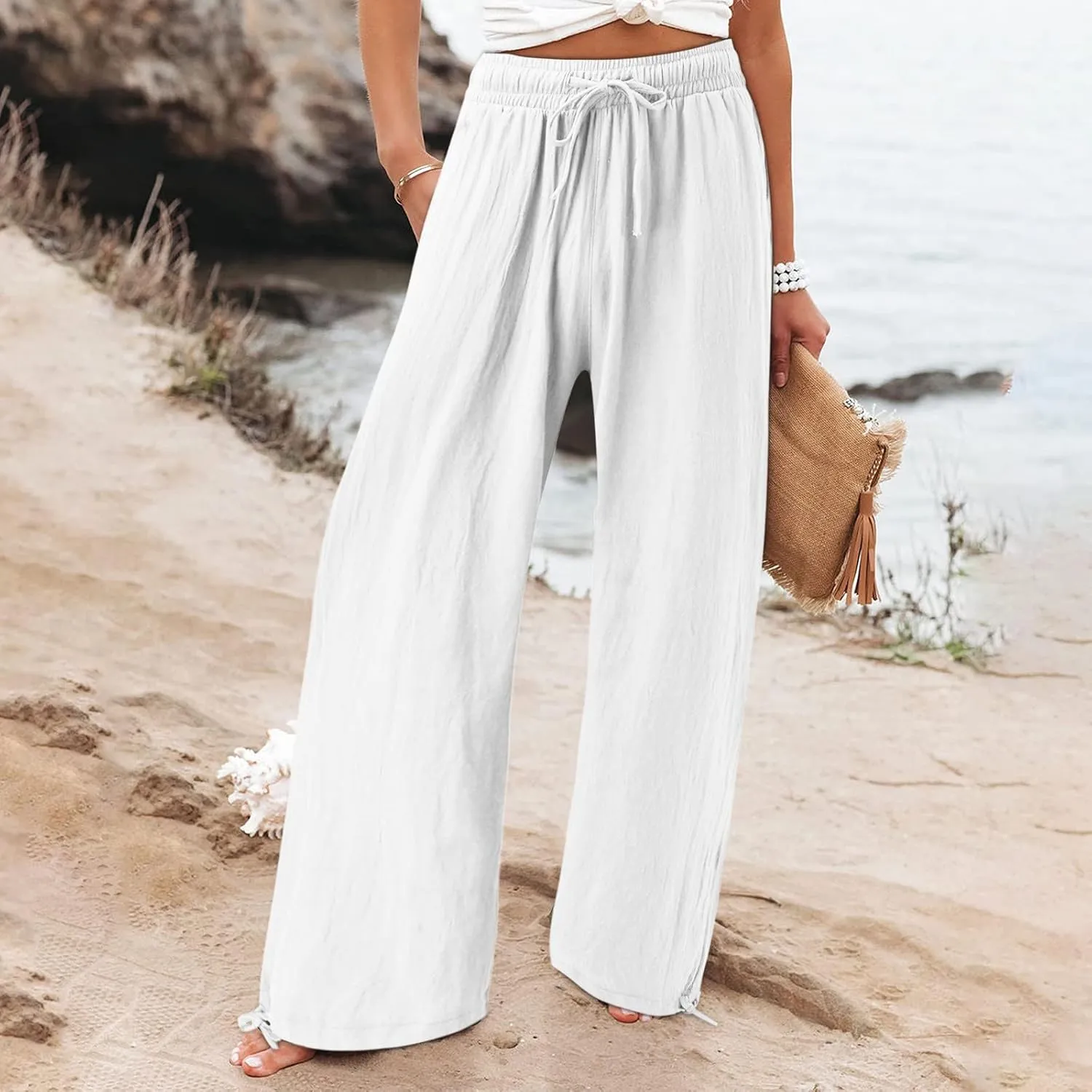 Linen Pants Women Plus Size Boho Comfy Flowy Wide Leg Trouser Summer High Waist Beach Palazzo Sweatpant with Pocket