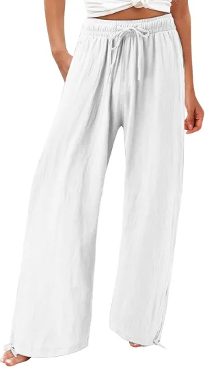 Linen Pants Women Plus Size Boho Comfy Flowy Wide Leg Trouser Summer High Waist Beach Palazzo Sweatpant with Pocket