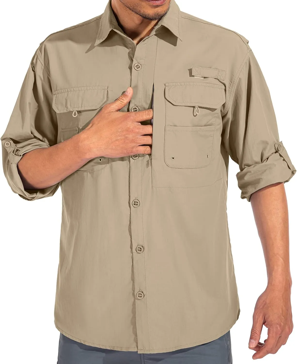 linlon Mens Safari Shirts Long Sleeve UV Protection Hiking Fishing UPF 50  Quick Dry Cooling Camping Travel Shirts