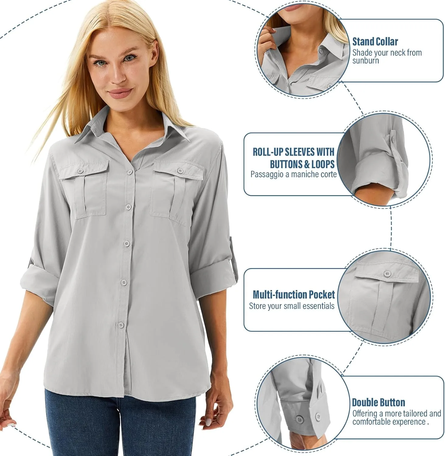linlon Womens Safari Shirts Long Sleeve UV Protection Hiking Fishing UPF 50  Quick Dry Cooling Camping Travel Shirts
