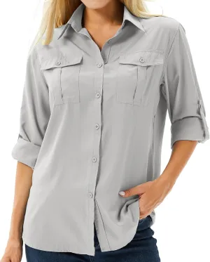 linlon Womens Safari Shirts Long Sleeve UV Protection Hiking Fishing UPF 50  Quick Dry Cooling Camping Travel Shirts