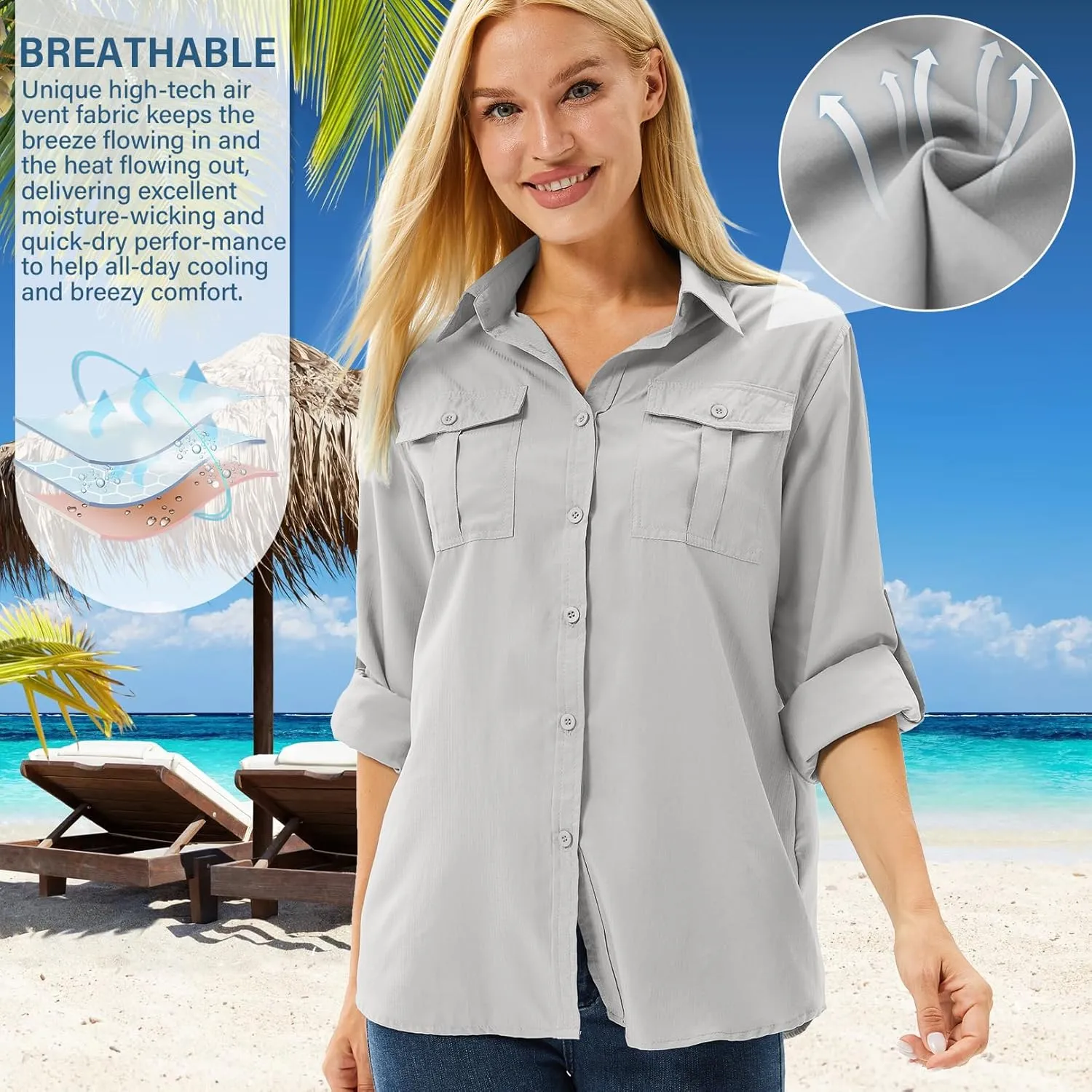 linlon Womens Safari Shirts Long Sleeve UV Protection Hiking Fishing UPF 50  Quick Dry Cooling Camping Travel Shirts