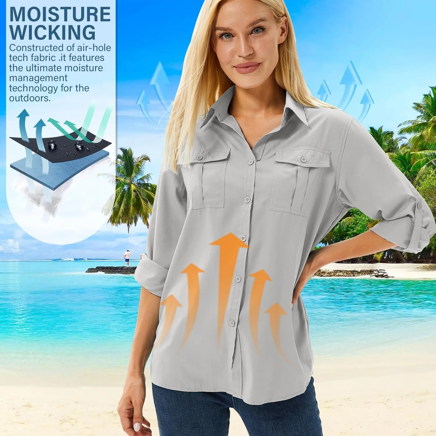 linlon Womens Safari Shirts Long Sleeve UV Protection Hiking Fishing UPF 50  Quick Dry Cooling Camping Travel Shirts