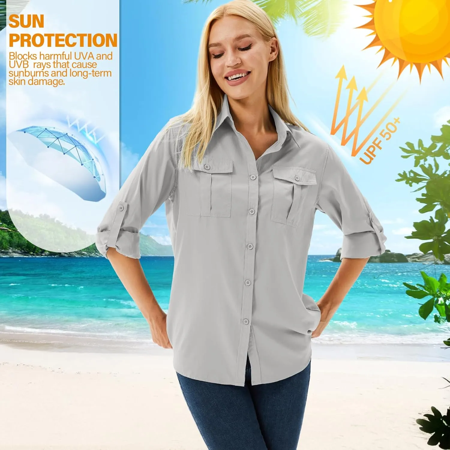 linlon Womens Safari Shirts Long Sleeve UV Protection Hiking Fishing UPF 50  Quick Dry Cooling Camping Travel Shirts