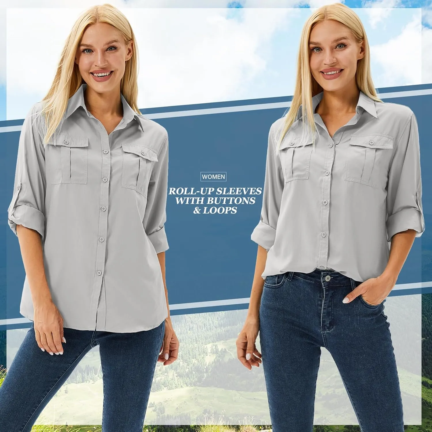 linlon Womens Safari Shirts Long Sleeve UV Protection Hiking Fishing UPF 50  Quick Dry Cooling Camping Travel Shirts