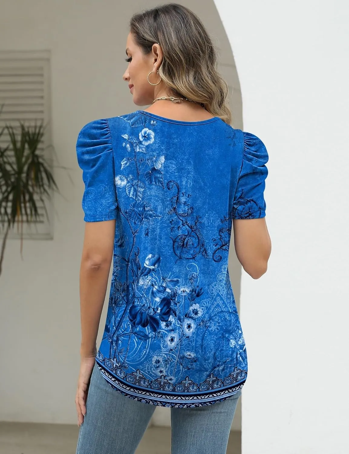 LOMON Womens Puff Short Sleeve Shirt Summer Tops V Neck Casual T Shirts Loose Fit Blouses