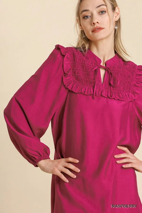 Long Sleeve Smocked Ruffle Yoke Tie Front Dress