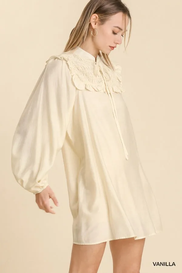 Long Sleeve Smocked Ruffle Yoke Tie Front Dress
