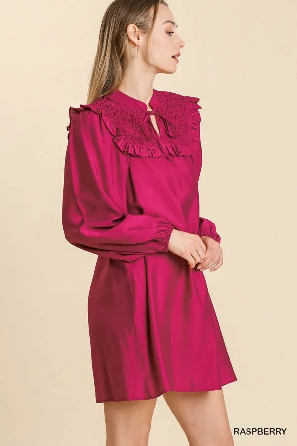 Long Sleeve Smocked Ruffle Yoke Tie Front Dress