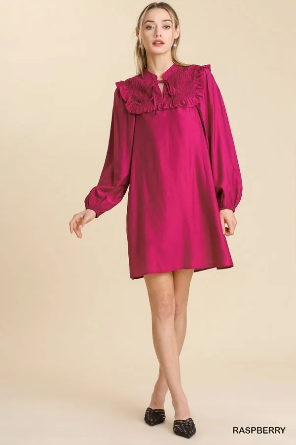 Long Sleeve Smocked Ruffle Yoke Tie Front Dress