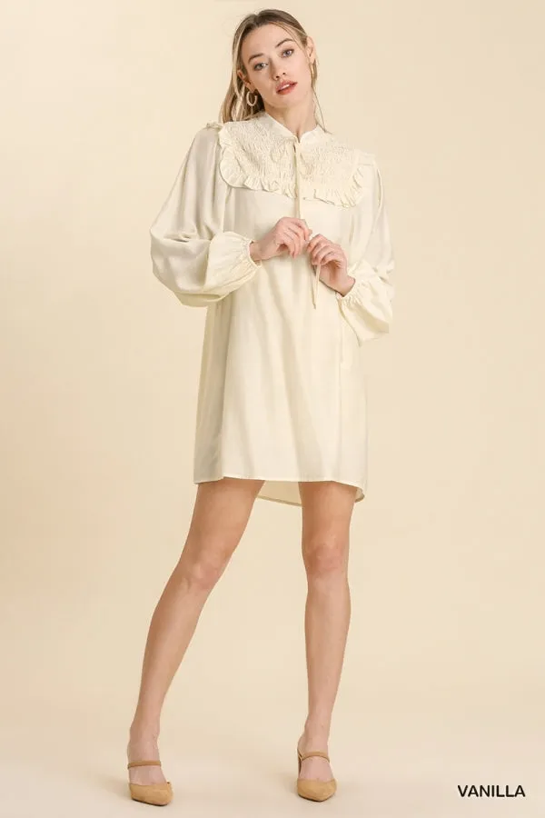 Long Sleeve Smocked Ruffle Yoke Tie Front Dress