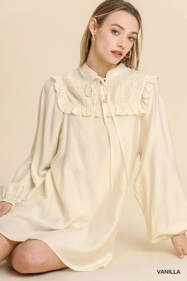 Long Sleeve Smocked Ruffle Yoke Tie Front Dress