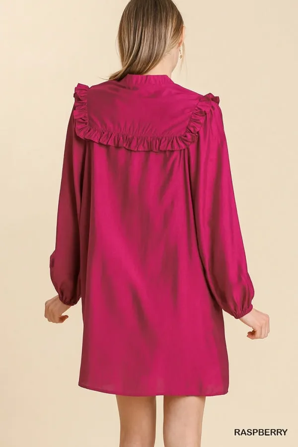 Long Sleeve Smocked Ruffle Yoke Tie Front Dress